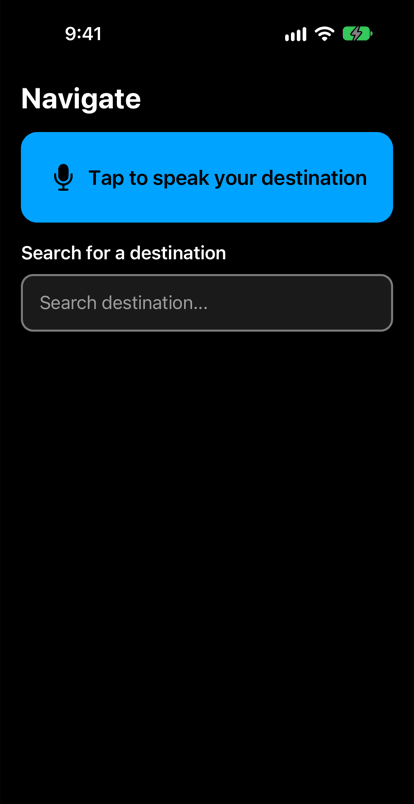 The Beamfy Navigate screen on iPhone, in English. At the top is a large blue button, Tap to speak your destination. Below it is a search field to type a destination.