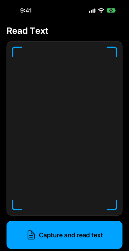The Beamfy Read Text screen on iPhone, in English. A camera frame with blue corner marks fills most of the screen. Below it is a large blue button: Capture and read text.