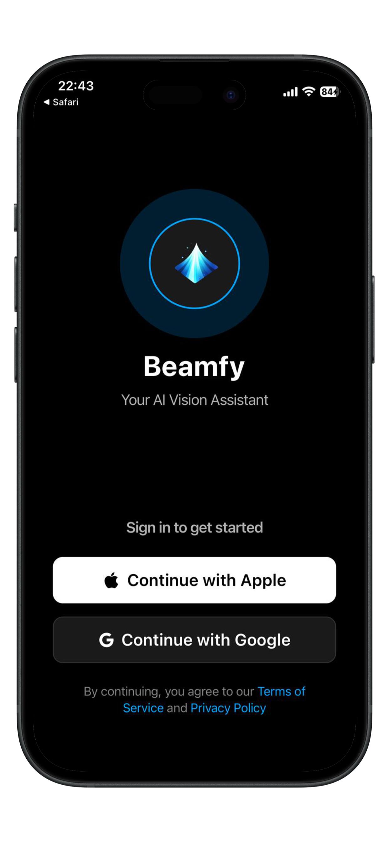 Beamfy sign in screen with Apple and Google login options