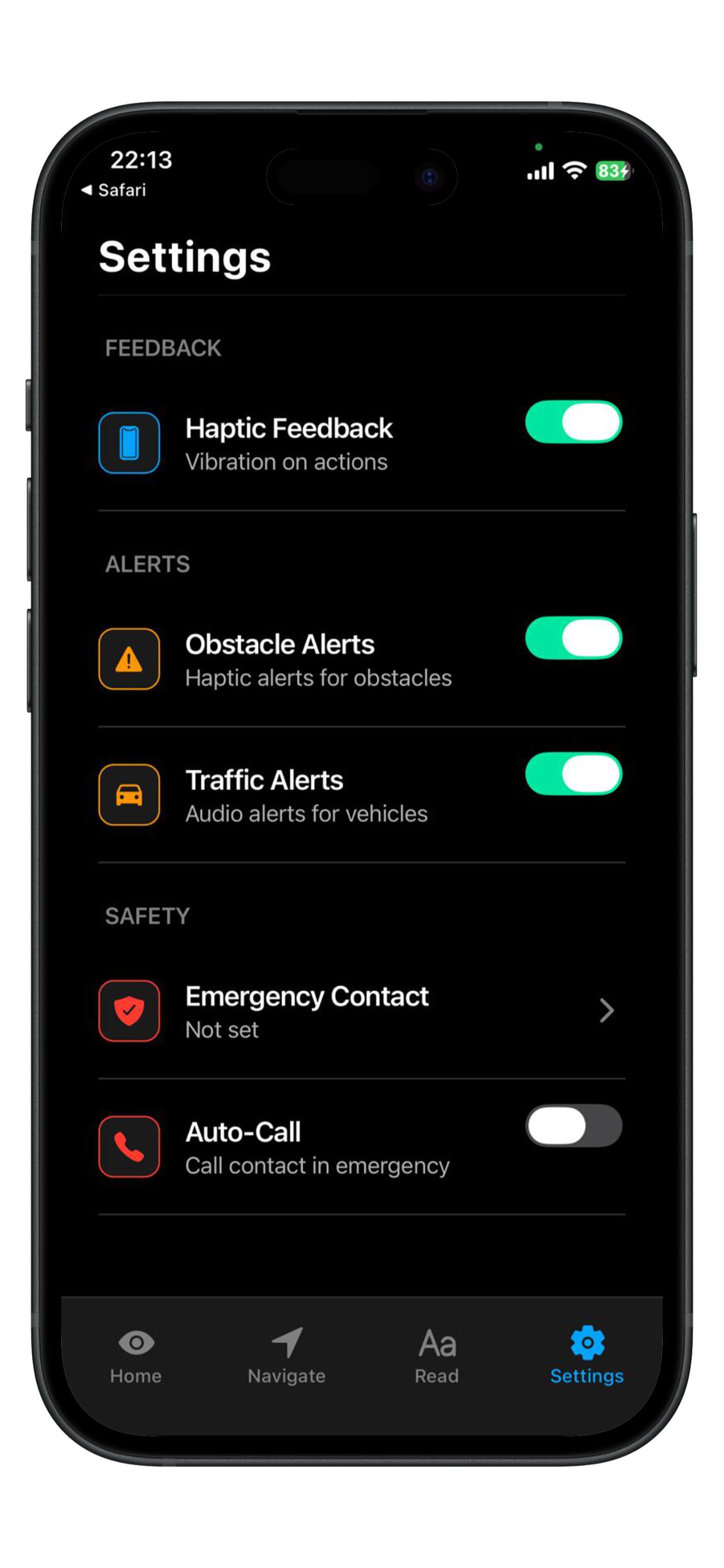 Safety settings with alerts, emergency contact, and auto-call options