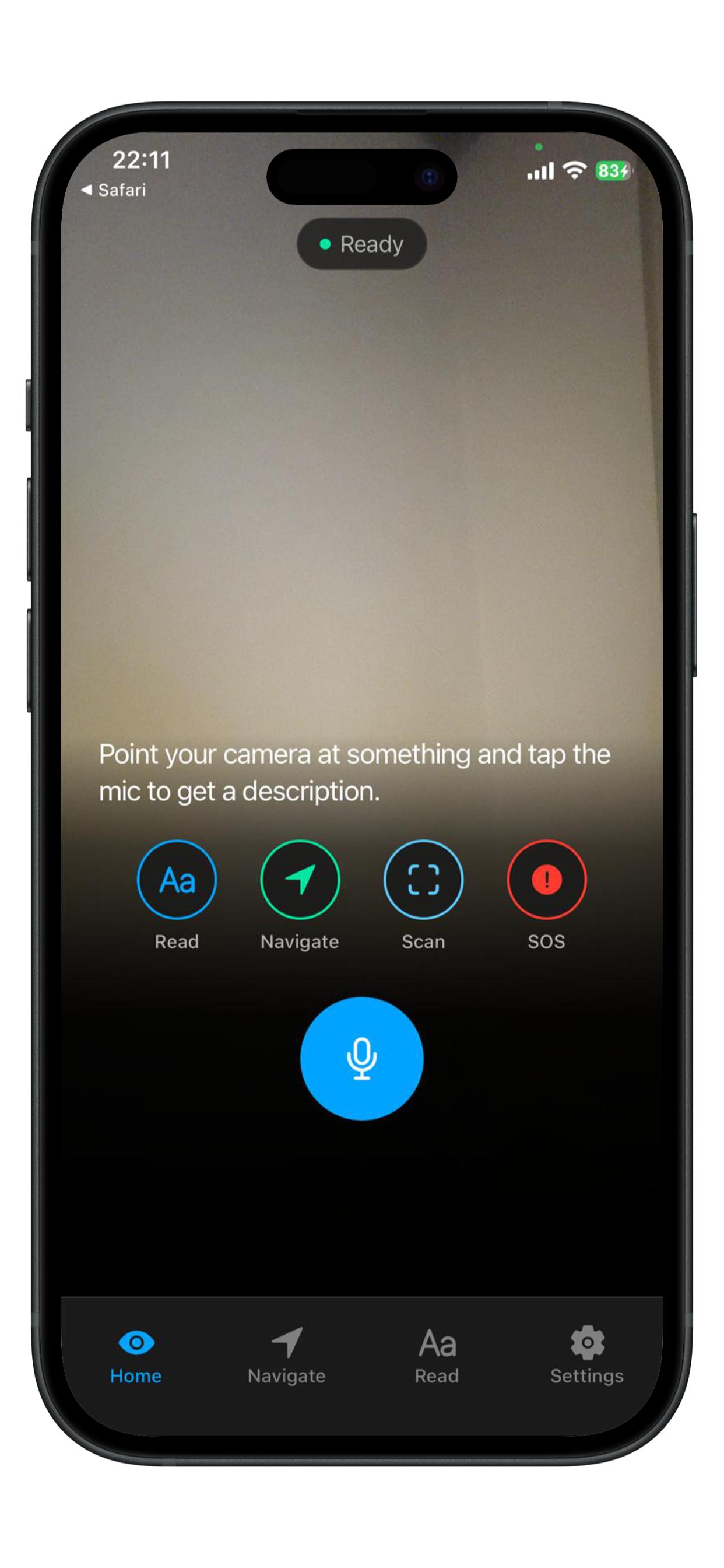 Home screen with live camera view, action buttons, and voice mic