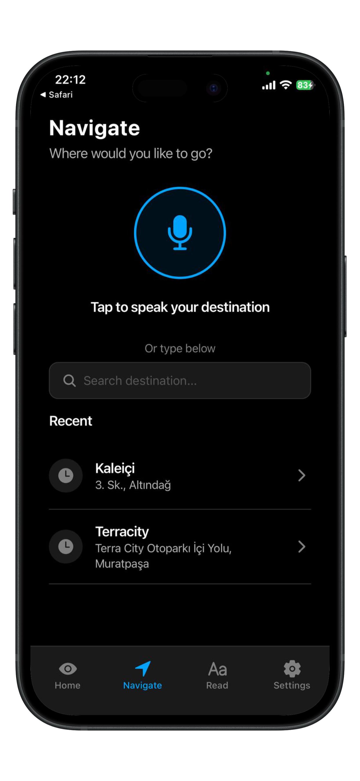 Navigation screen with voice destination input and recent locations