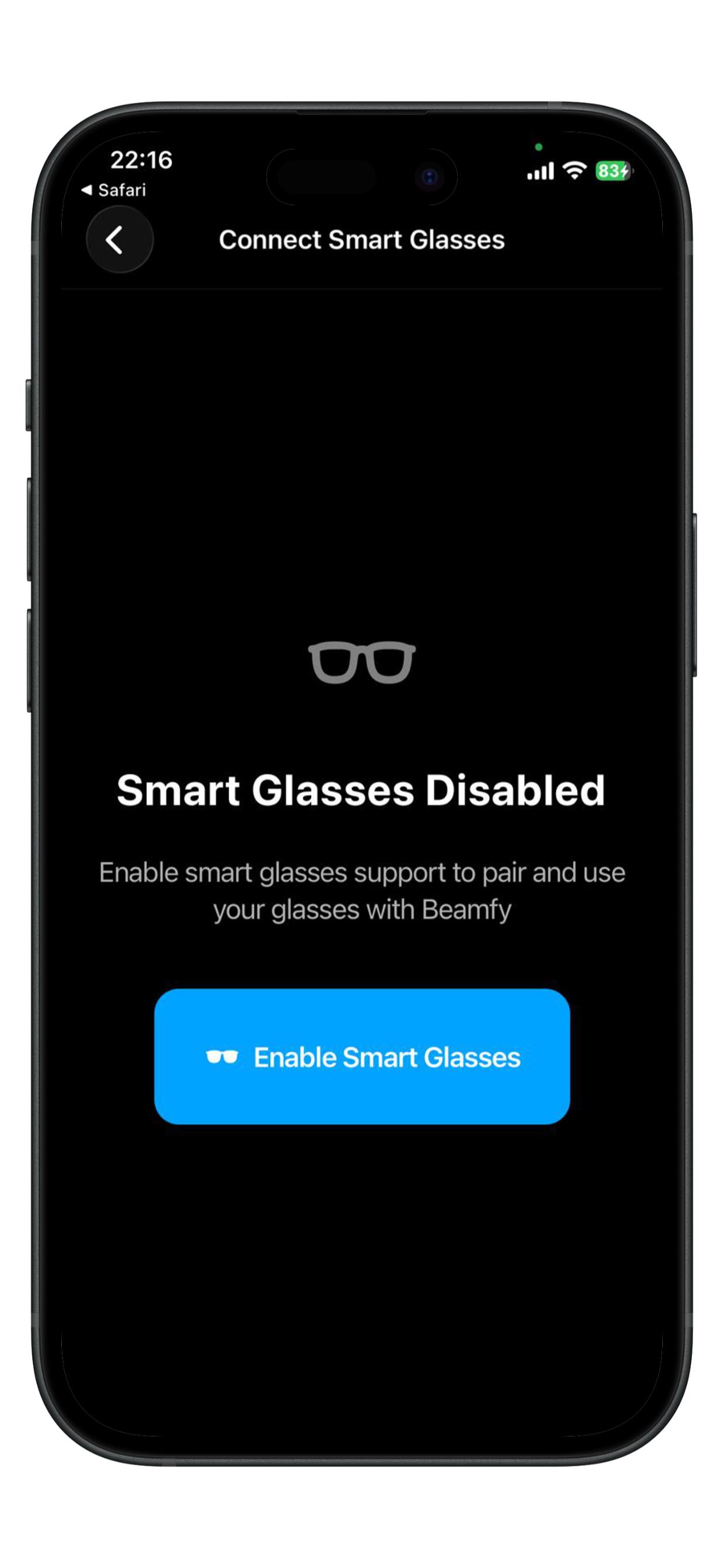 Smart glasses connection screen with enable button