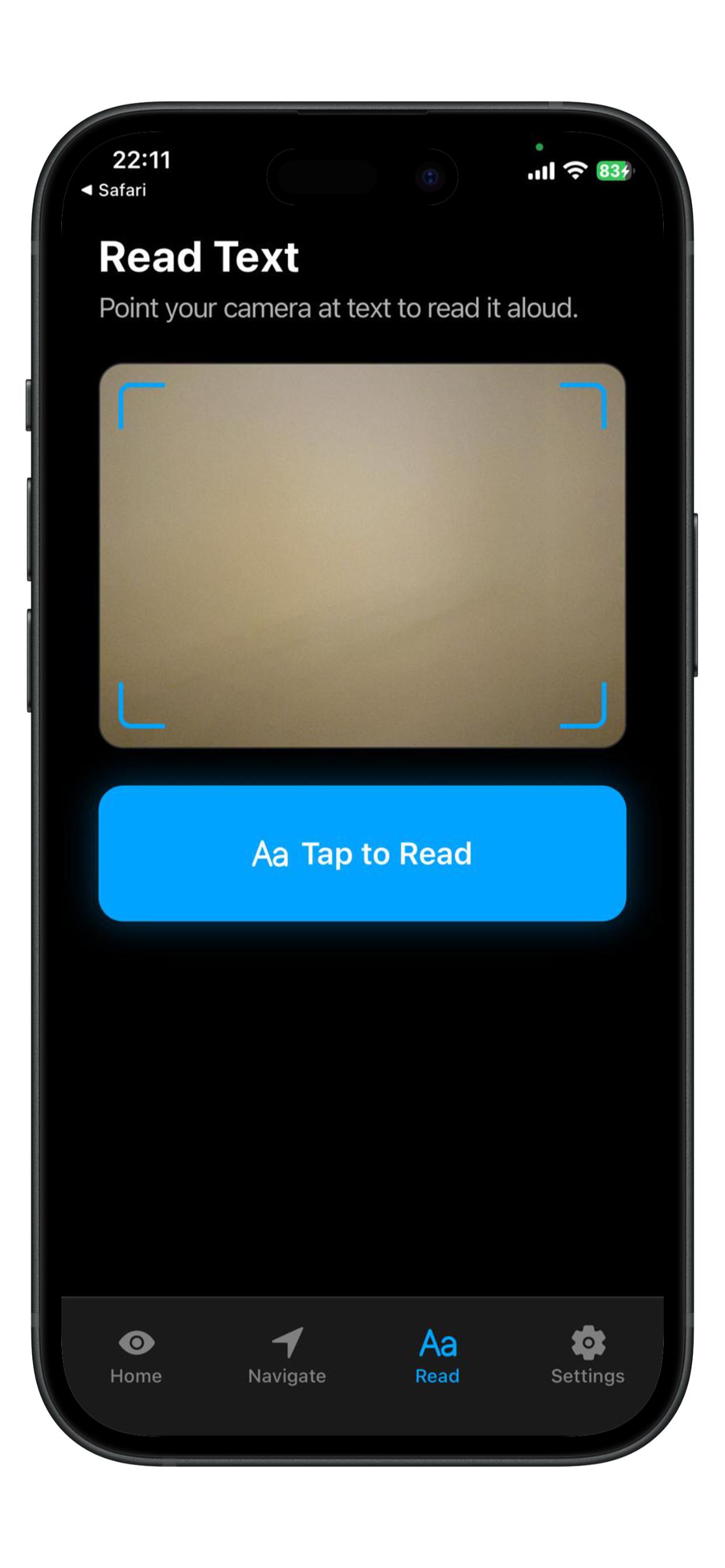 Text reading screen with camera viewfinder and tap to read button