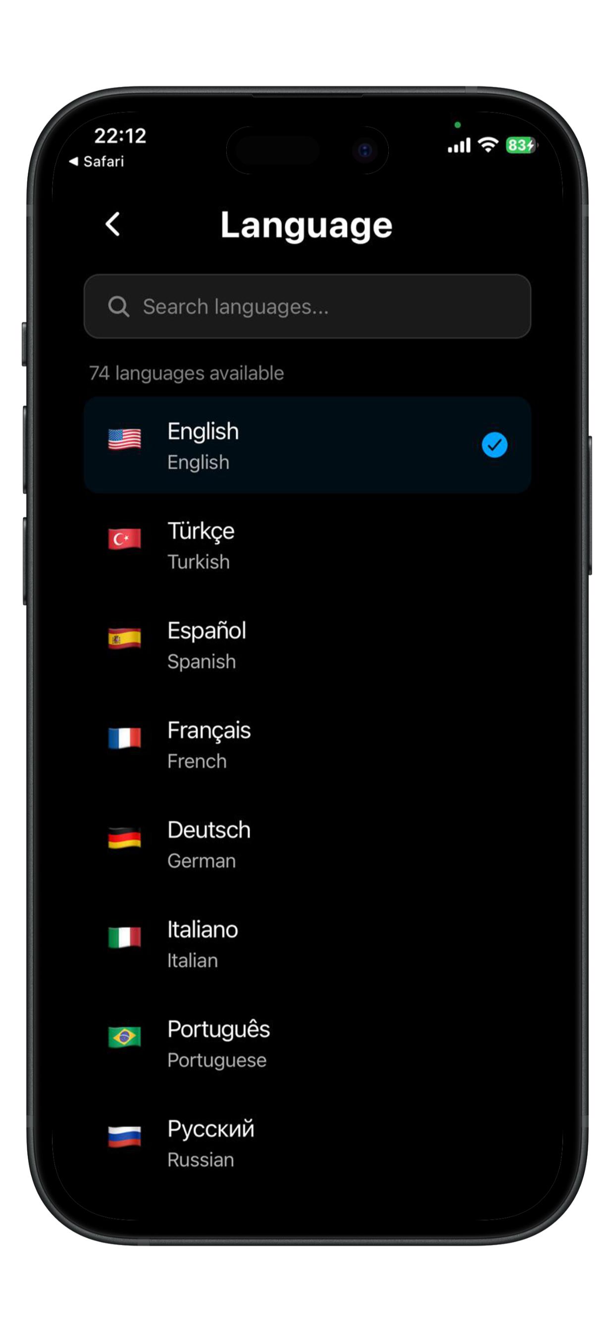 Language selection screen showing 74 available languages