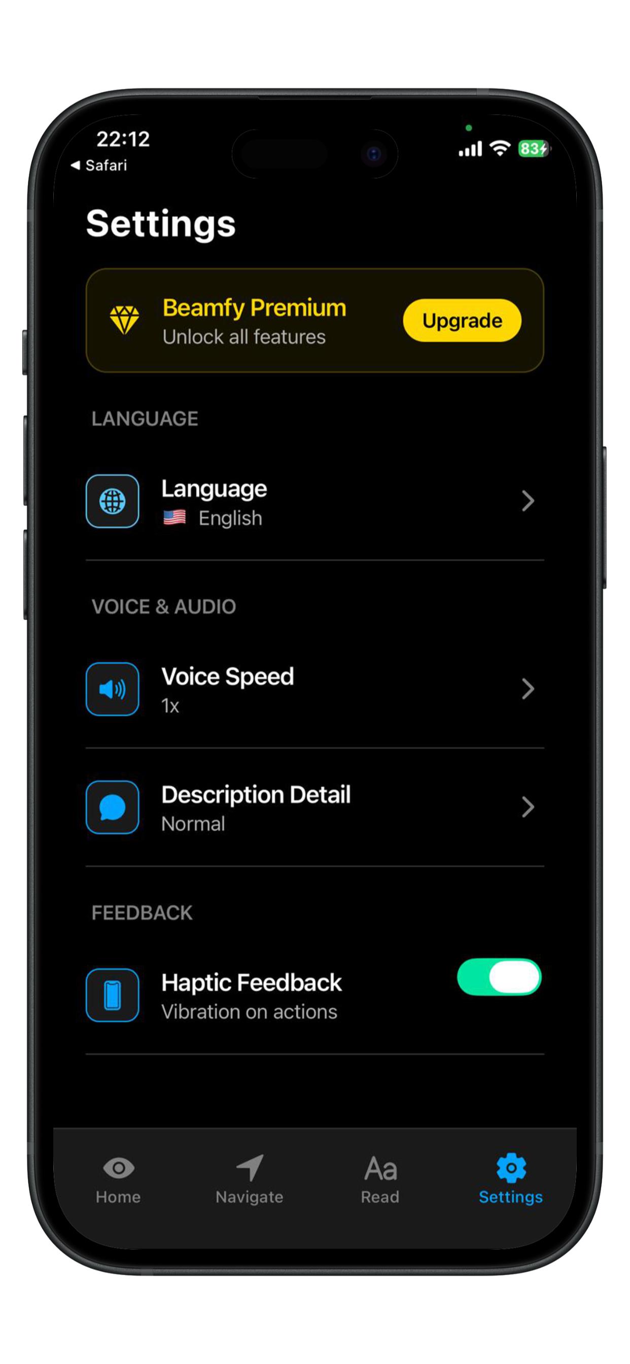 Settings screen with language, voice, and haptic preferences