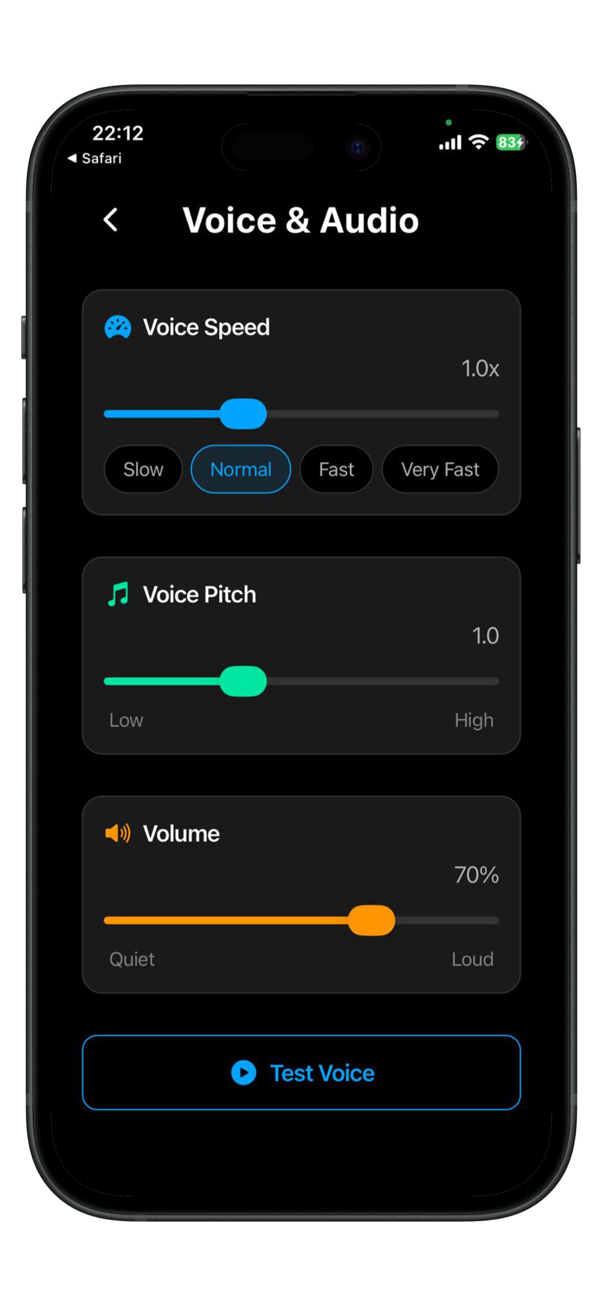Voice settings with speed, pitch, and volume controls