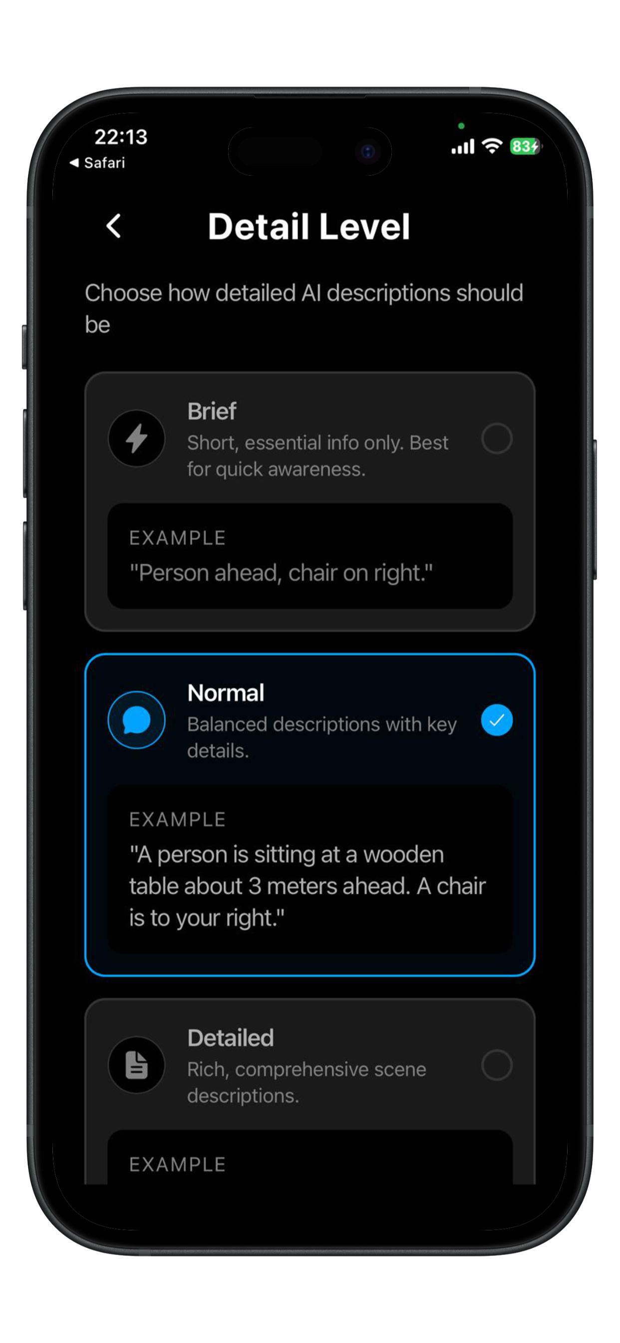 AI description detail level selection - Brief, Normal, Detailed